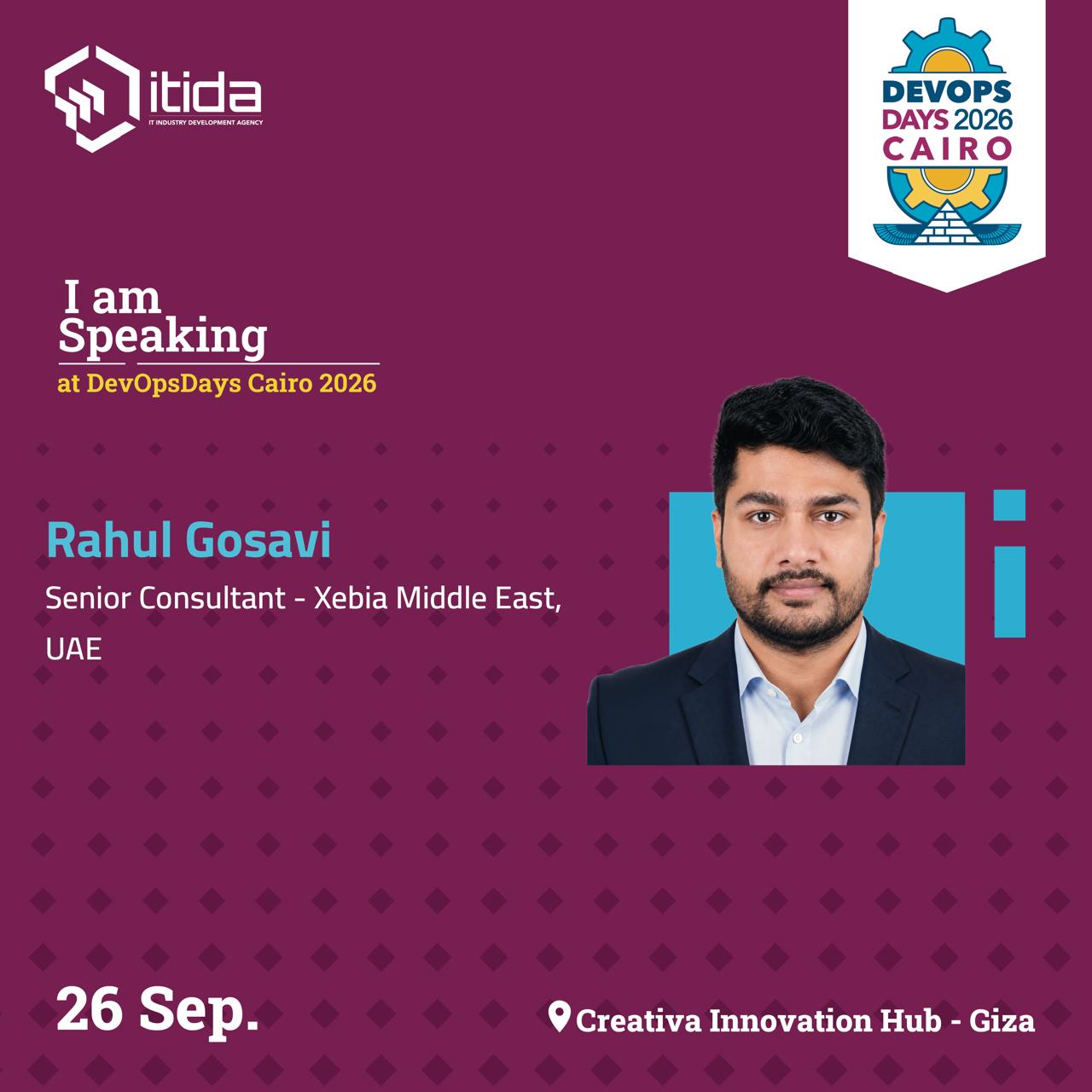 DevOpsDays Cairo 2026 speaker announcement card for Rahul Gosavi
